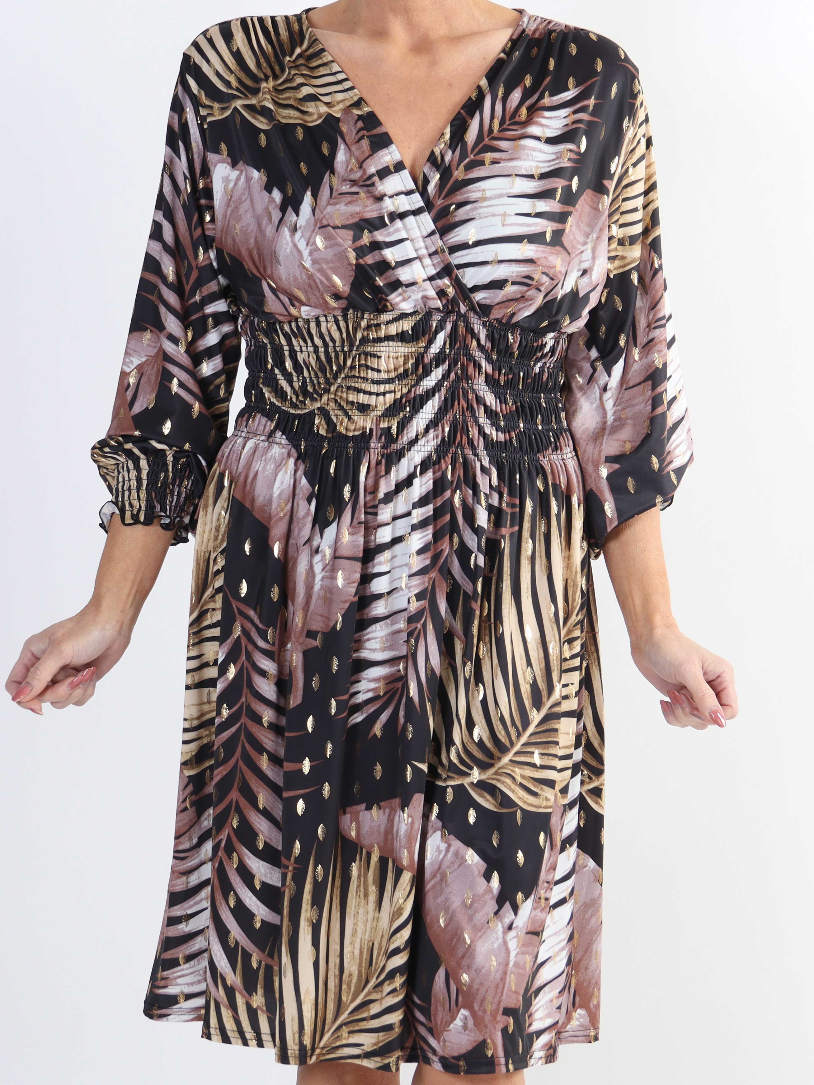 Pams Leaf Short L/S - Elastisk mønstret plus size kjole i krølfrit stof